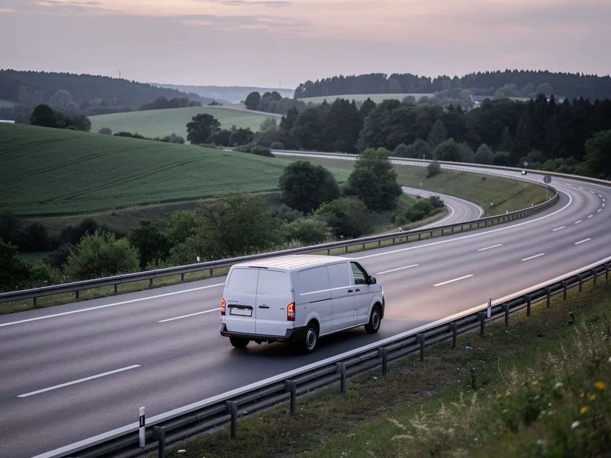 Kombi bez oznaka na zavojitoj autocesti kroz zelena brda u predvečerje