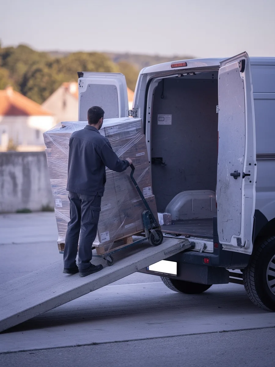 Utovar palete ručnim paletnim viličarom u kombi s utovarne rampe skladišta